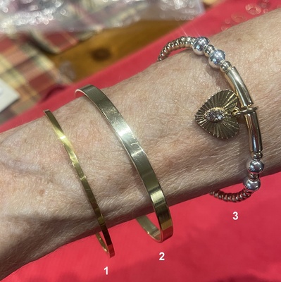 Gold Bracelets, Thin band, thick band, and Heart Charm.
